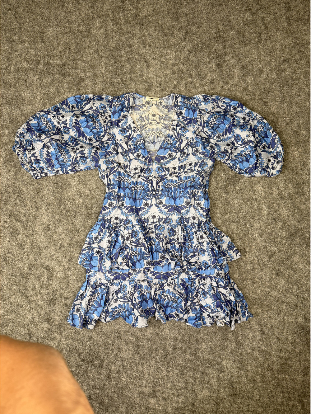 Sandro Blue and White Floral Puff Sleeve Peplum Blouse